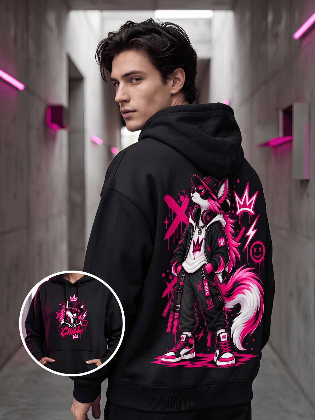 Neon Wolf Oversized Hoodie – Black Streetwear