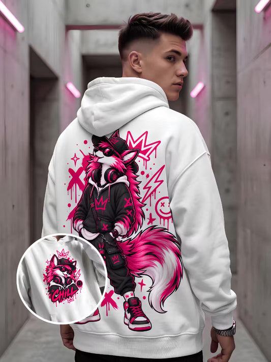 Grablis white oversized hoodie with pink wolf graphic worn by male model