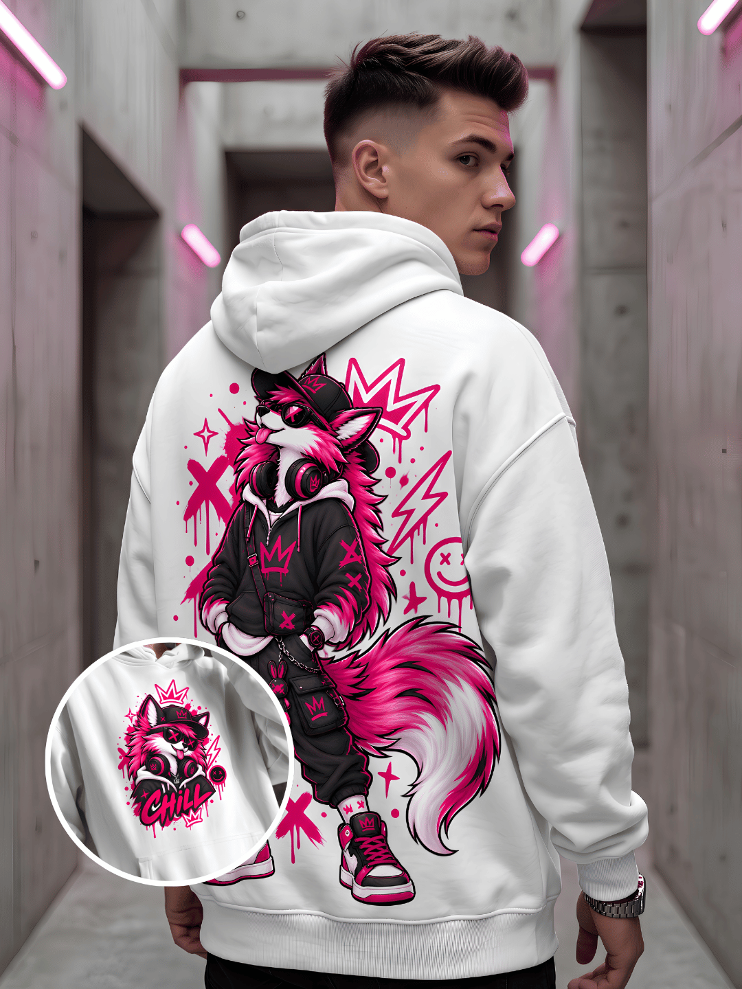 Neon Wolf Graphic Oversized Hoodie – White