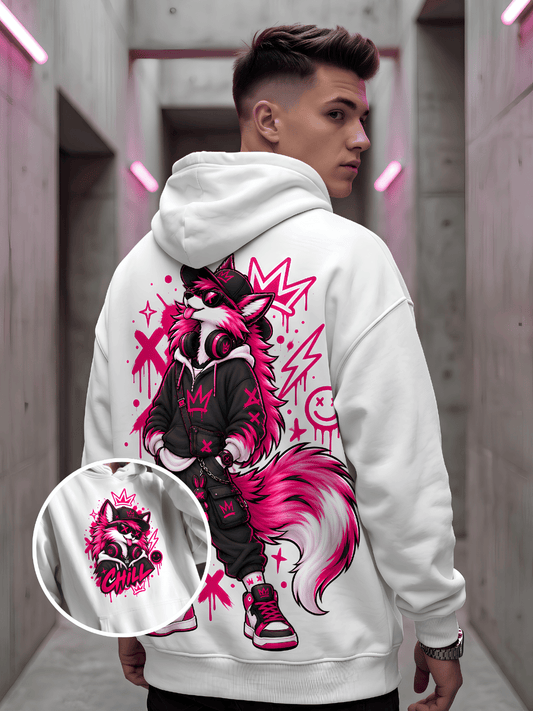 Neon Wolf Graphic Oversized Hoodie – White
