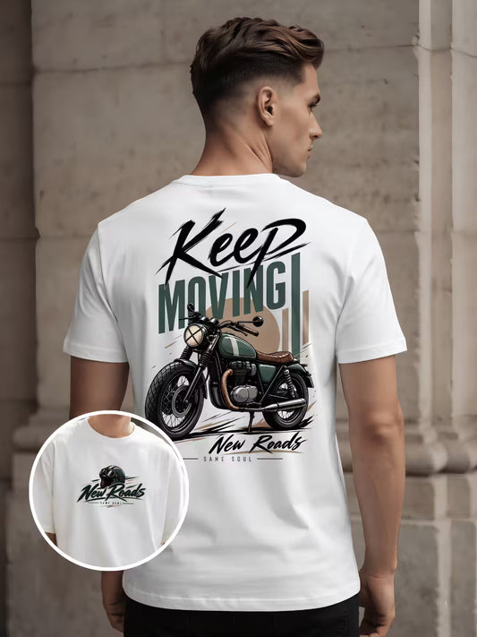 Grablis white t-shirt with Keep Moving motorcycle graphic worn by male model