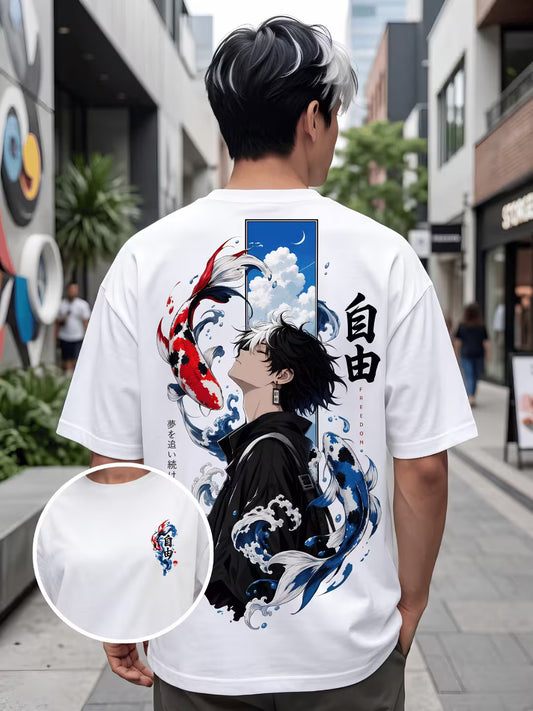 Grablis white oversized graphic t-shirt with Japanese wave and anime character print worn by male model
