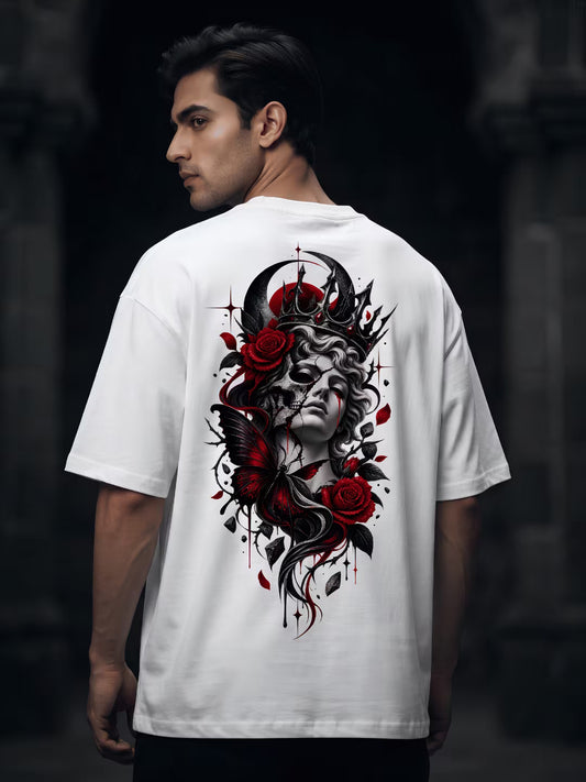 Grablis white oversized graphic t-shirt with crowned skull woman and red roses print worn by male model