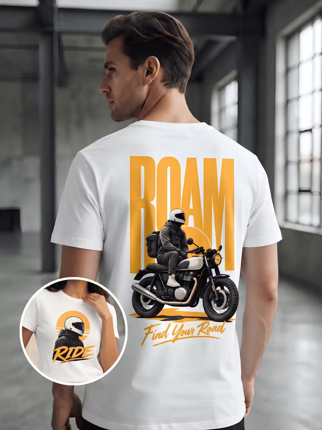 Grablis white t-shirt with motorcycle graphic and Ride design worn by male model