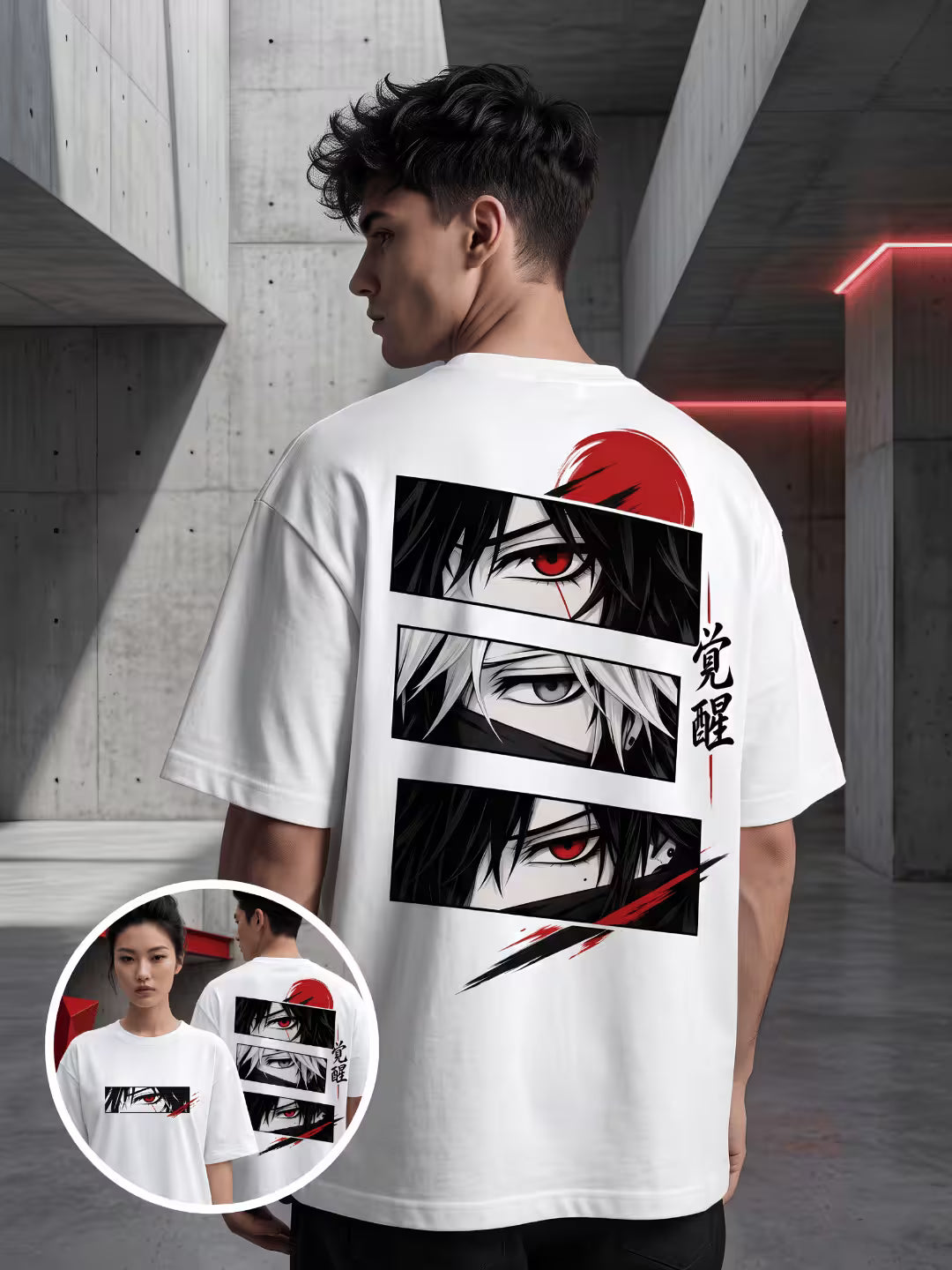 Grablis white oversized anime graphic t-shirt with red sun and character eyes print worn by male model