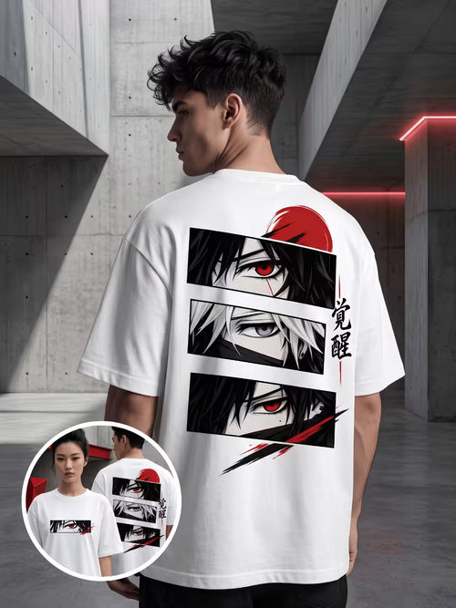Grablis white oversized anime graphic t-shirt with red sun and character eyes print worn by male model