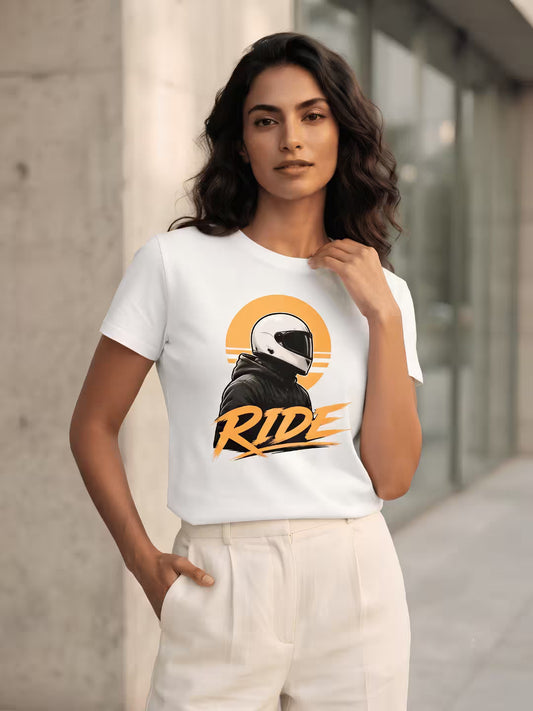 Female model wearing white t-shirt with motorcycle Ride graphic