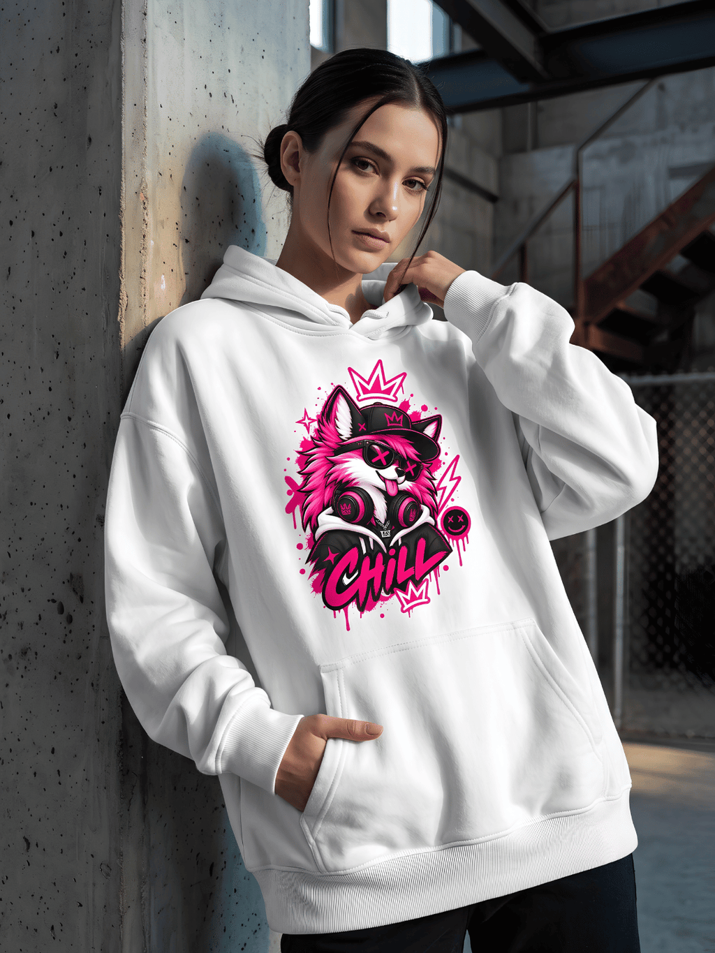 Neon Wolf Graphic Oversized Hoodie – White