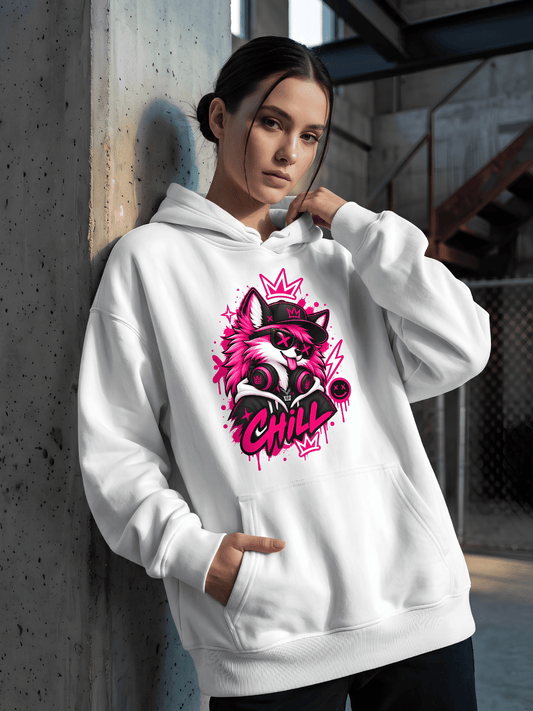 Neon Wolf Graphic Oversized Hoodie – White
