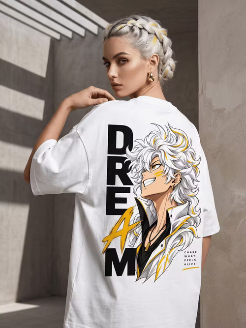 Female model wearing white oversized t-shirt with silver haired anime character graphic