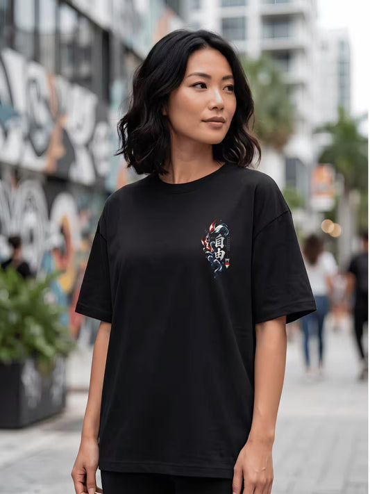 Female model wearing black oversized t-shirt with Japanese anime graphic print