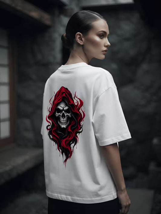 Female model wearing white oversized t-shirt with red hooded skull graphic back print