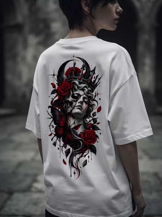 Male model wearing white oversized t-shirt with crowned skull woman graphic on back