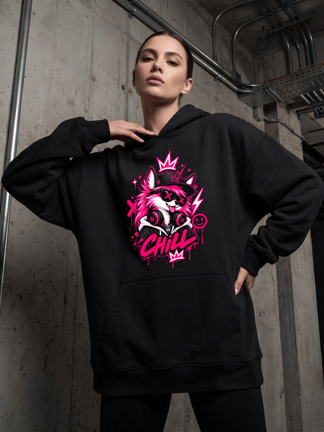 Neon Wolf Oversized Hoodie – Black Streetwear