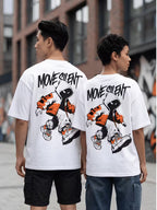 White oversized graphic t-shirts worn by two models on a street