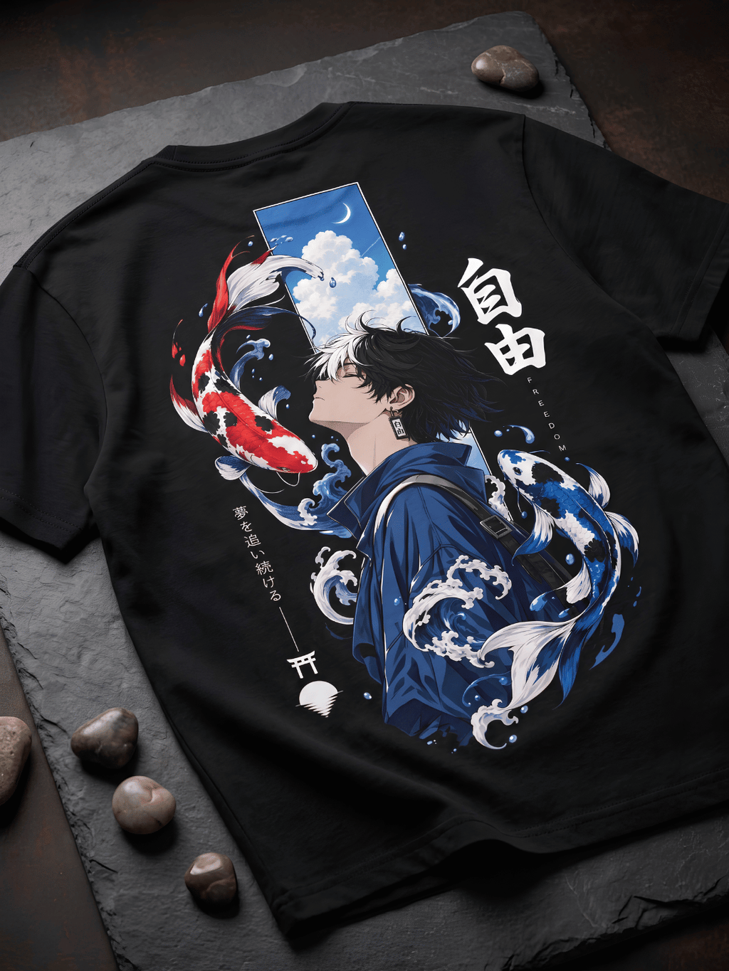 Black Oversized Koi Fish Graphic T-Shirt