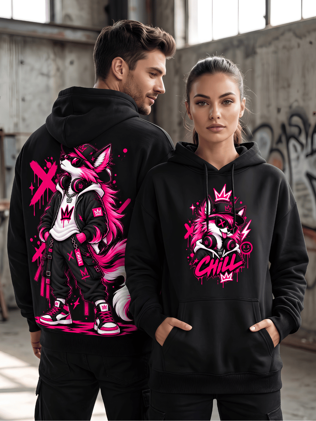 Neon Wolf Oversized Hoodie – Black Streetwear