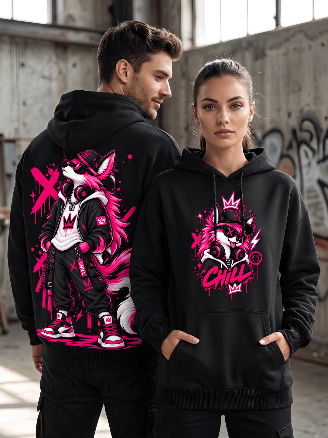Neon Wolf Oversized Hoodie – Black Streetwear