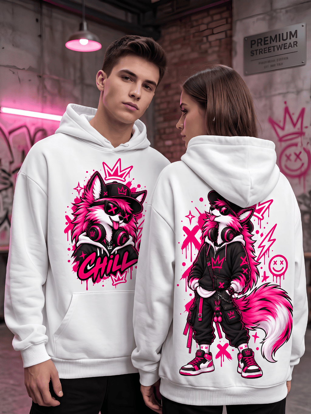 Neon Wolf Graphic Oversized Hoodie – White