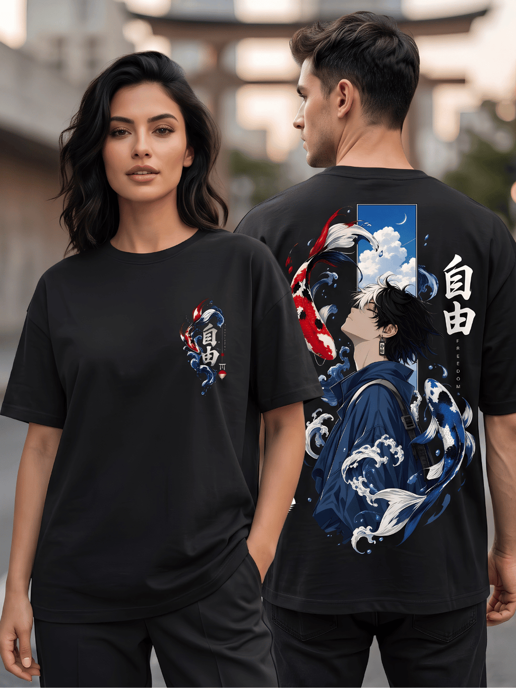 Black Oversized Koi Fish Graphic T-Shirt