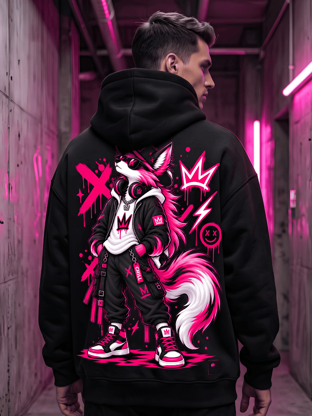 Neon Wolf Oversized Hoodie – Black Streetwear