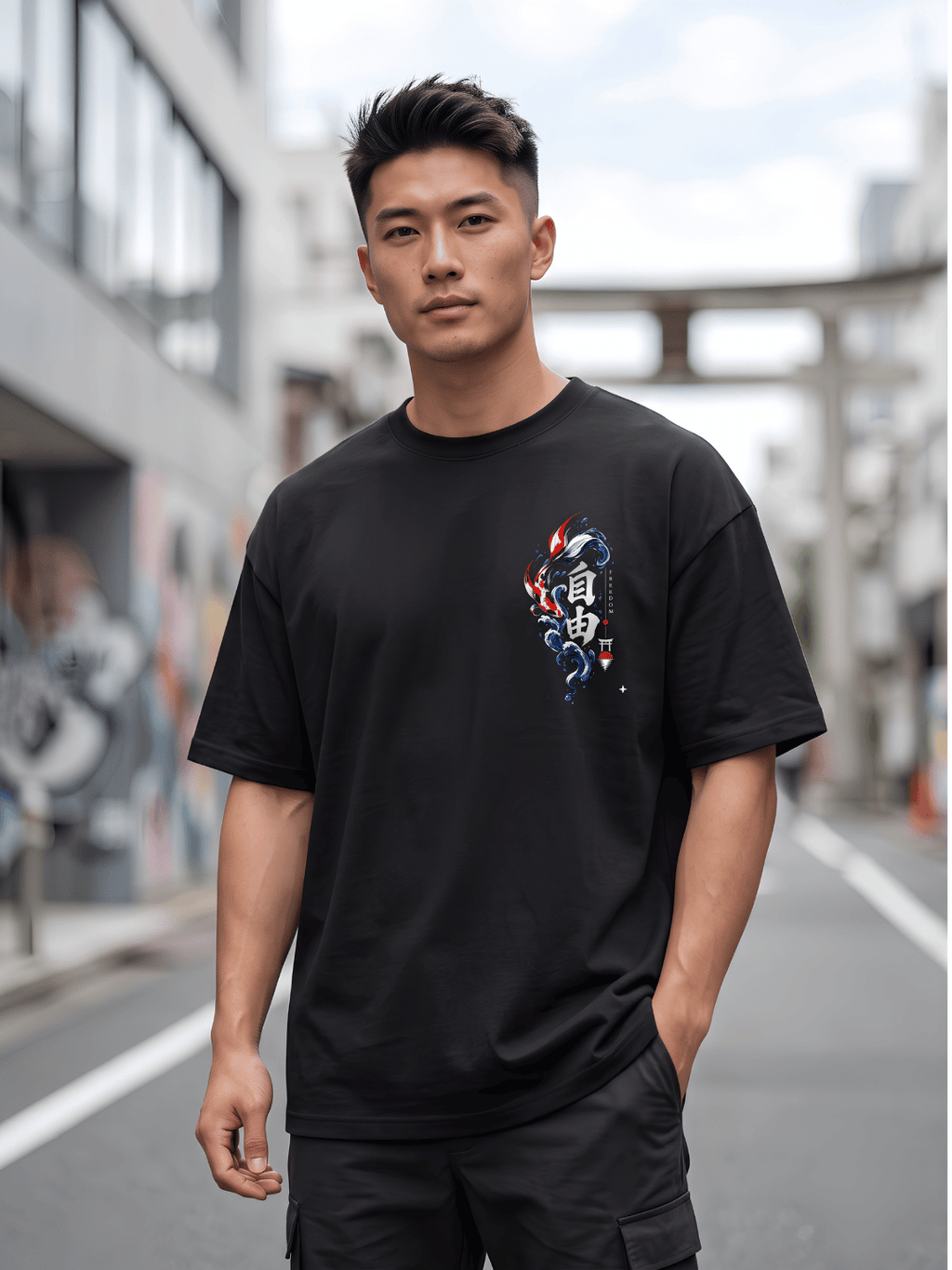 Black Oversized Koi Fish Graphic T-Shirt