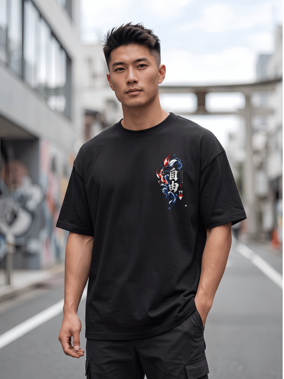 Black Oversized Koi Fish Graphic T-Shirt
