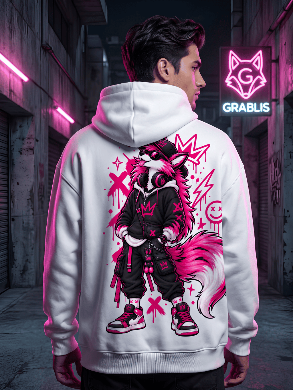 Neon Wolf Graphic Oversized Hoodie – White