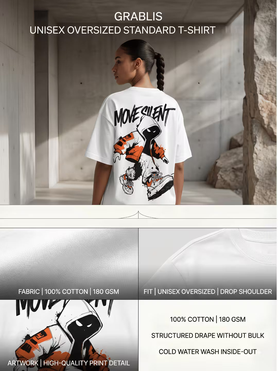 White oversized graphic t-shirt product details and back print