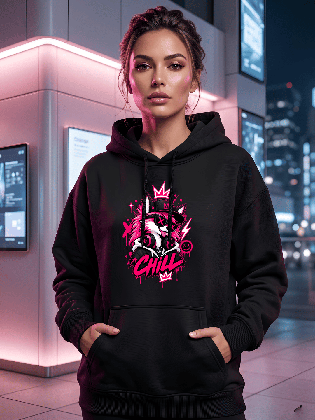 Neon Wolf Oversized Hoodie – Black Streetwear