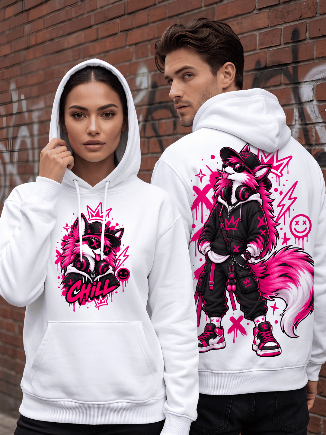 Neon Wolf Graphic Oversized Hoodie – White