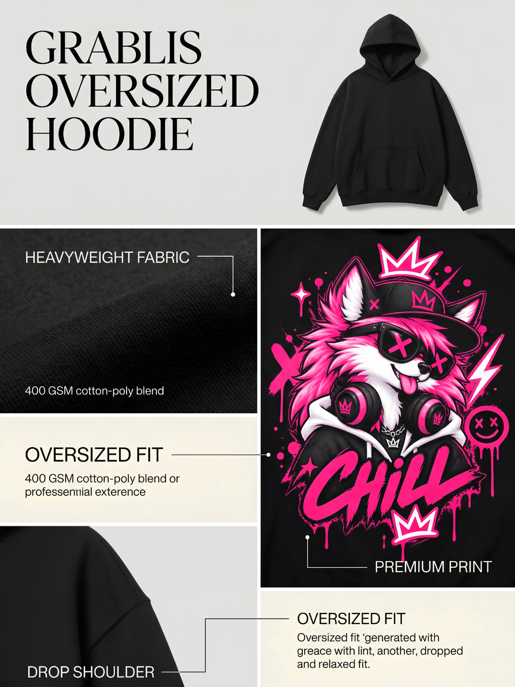 Neon Wolf Oversized Hoodie – Black Streetwear