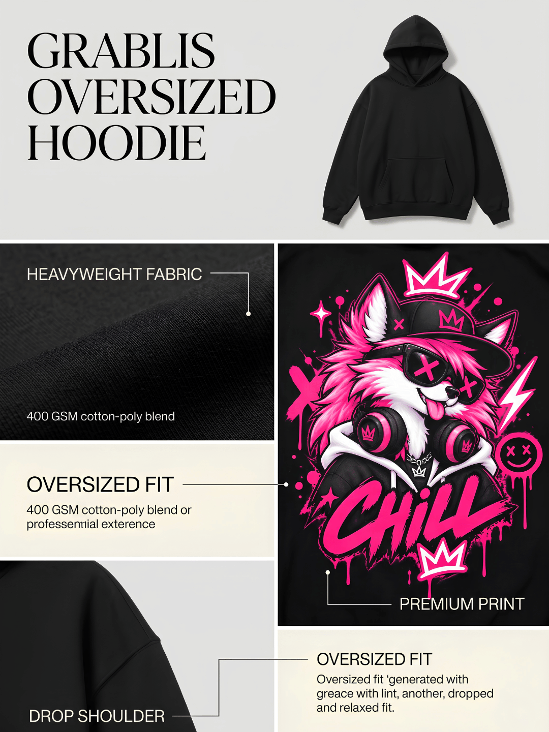 Neon Wolf Oversized Hoodie – Black Streetwear