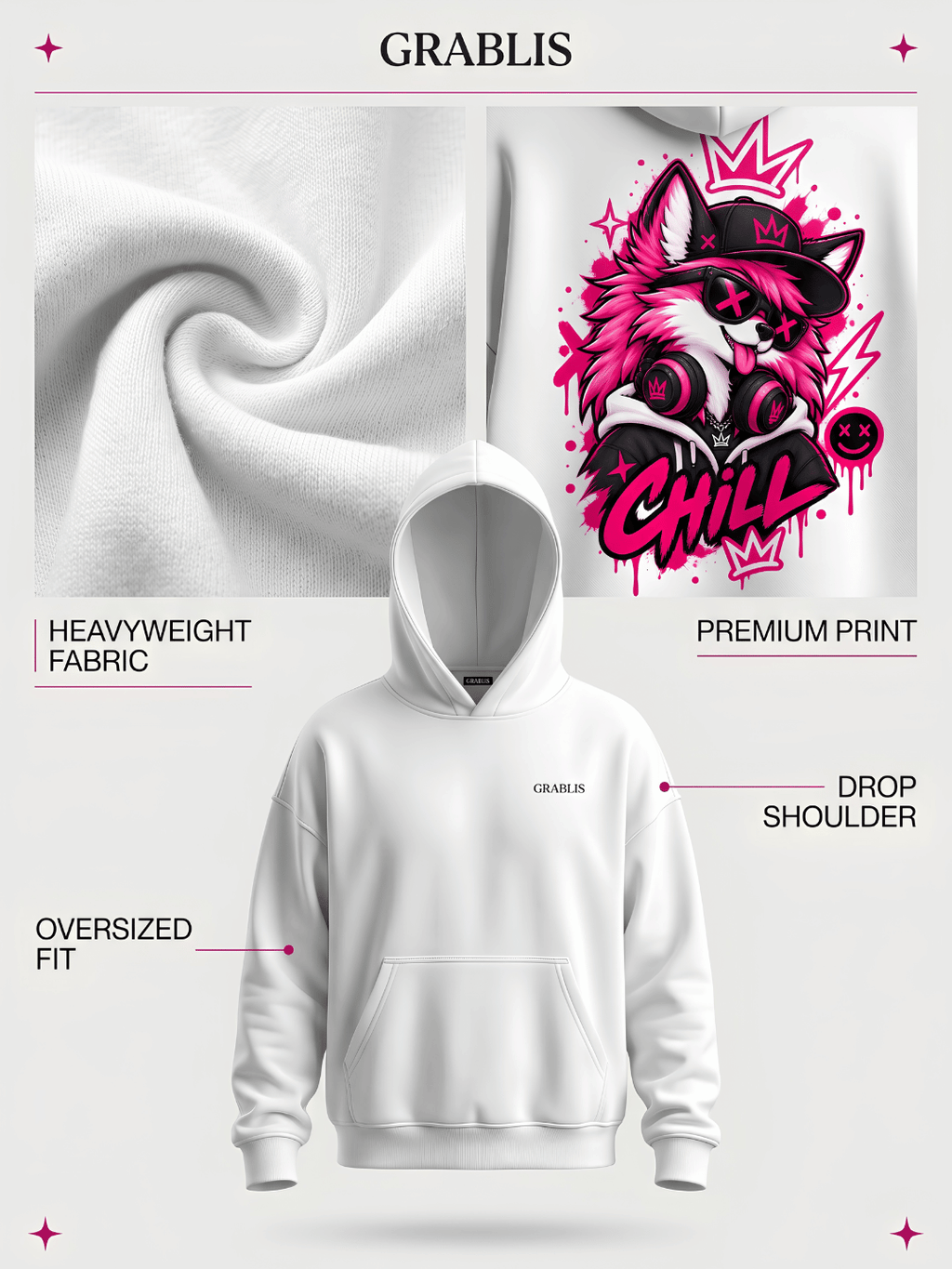 Neon Wolf Graphic Oversized Hoodie – White